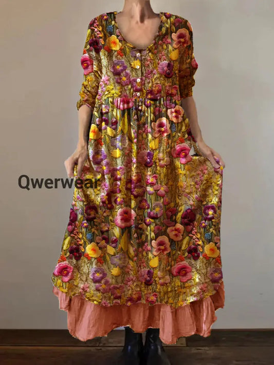 Vintage Round Neck Bohemian Floral Print Elegant Chic Loose Midi Dress B / S