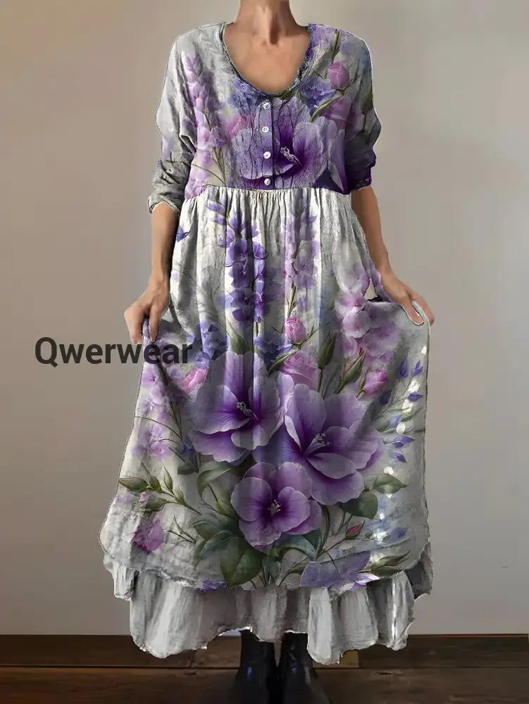 Vintage Round Neck Bohemian Floral Print Elegant Chic Loose Midi Dress A / S