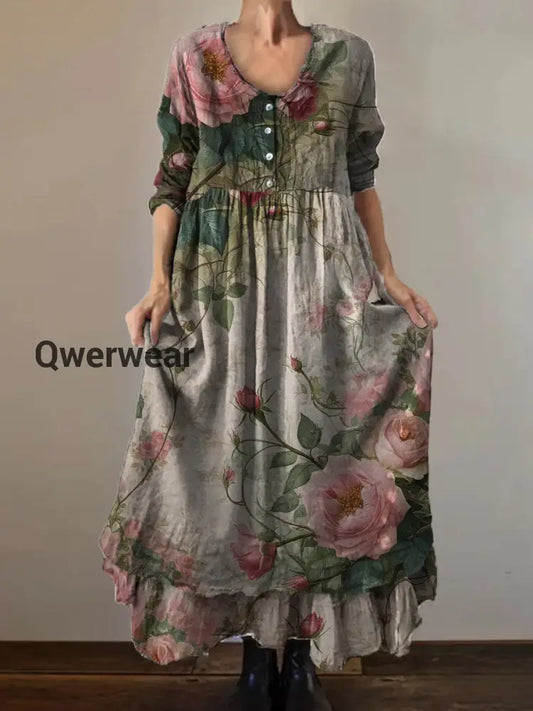 Vintage Round Neck Bohemian Floral Print Elegant Chic Loose Midi Dress-DR-D-110 A / S