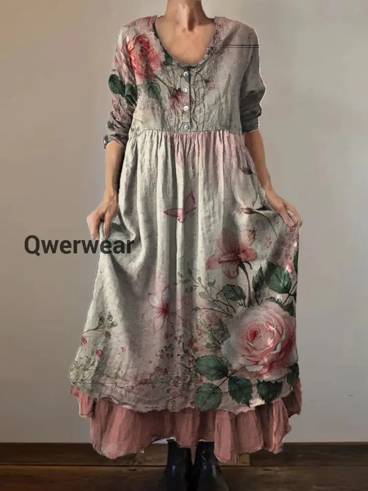 Vintage Round Neck Bohemian Floral Print Elegant Chic Loose Midi Dress-DR-D-112 A / S