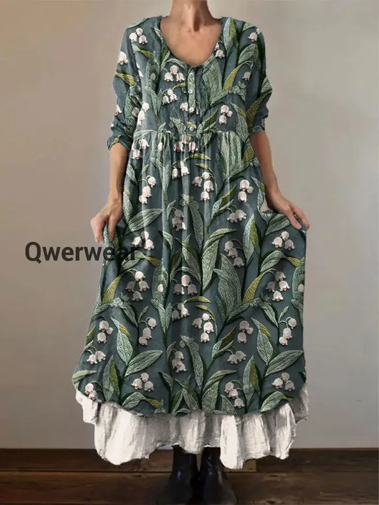 Vintage Round Neck Bohemian Floral Print Elegant Chic Loose Midi Dress-DR-D-123 Green / S