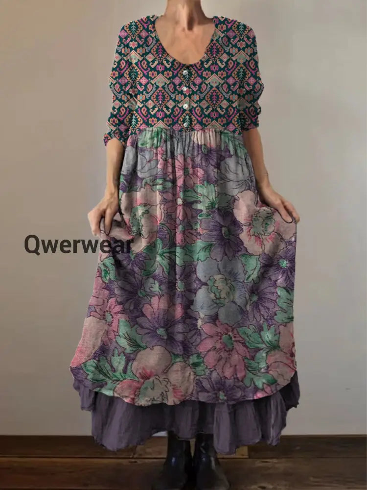 Vintage Round Neck Bohemian Floral Print Elegant Chic Loose Midi Dress-DR-D-125 A / S