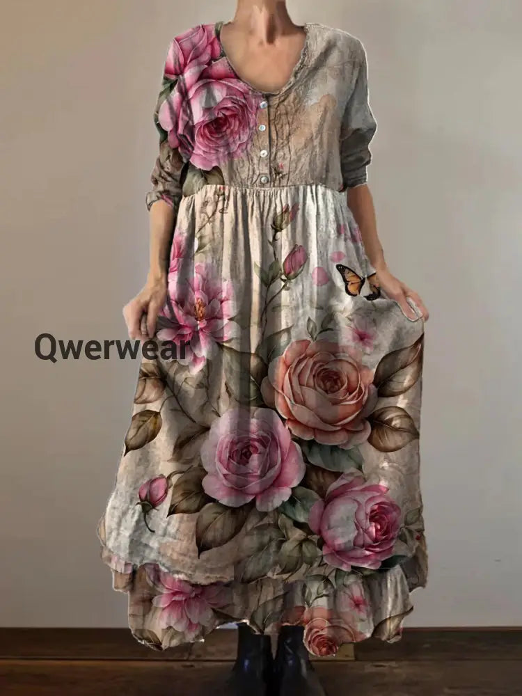 Vintage Round Neck Bohemian Floral Print Elegant Chic Loose Midi Dress-DR-D-16 A / S