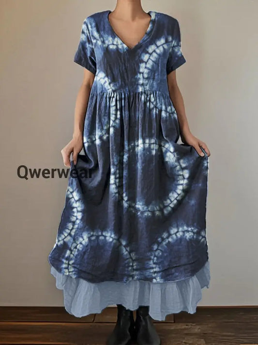 Vintage Round Neck Bohemian Floral Print Elegant Chic Loose Midi Dress-DR-D-23 Blue / S