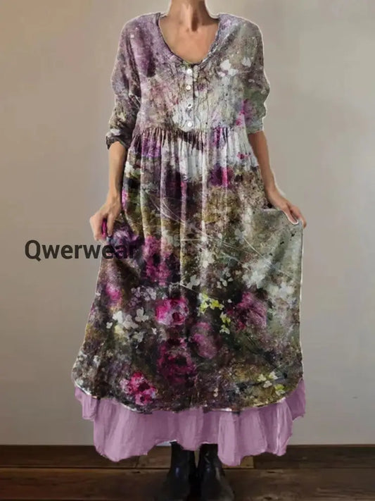 Vintage Round Neck Bohemian Floral Print Elegant Chic Loose Midi Dress-DR-D-27 Purple / S