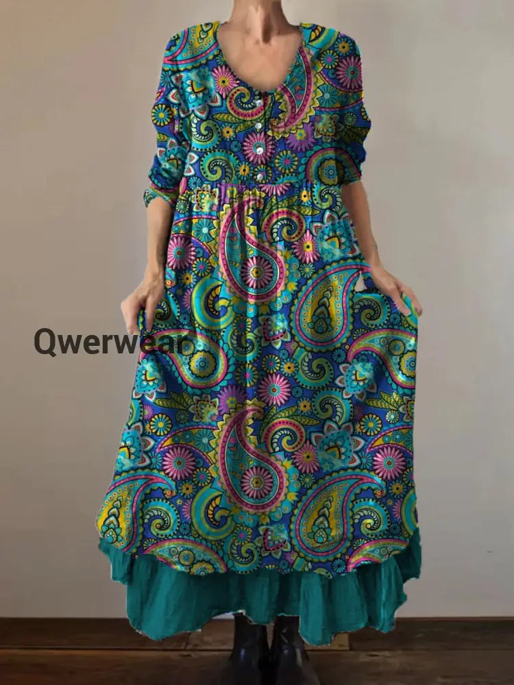 Vintage Round Neck Bohemian Floral Print Elegant Chic Loose Midi Dress-DR-D-35 A / S