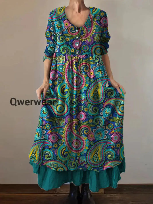 Vintage Round Neck Bohemian Floral Print Elegant Chic Loose Midi Dress-DR-D-35 A / S