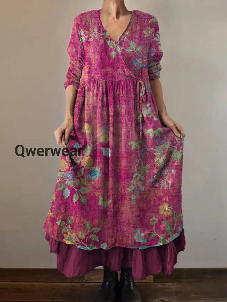 Vintage Round Neck Bohemian Floral Print Elegant Chic Loose Midi Dress-DR-D-38 A / S