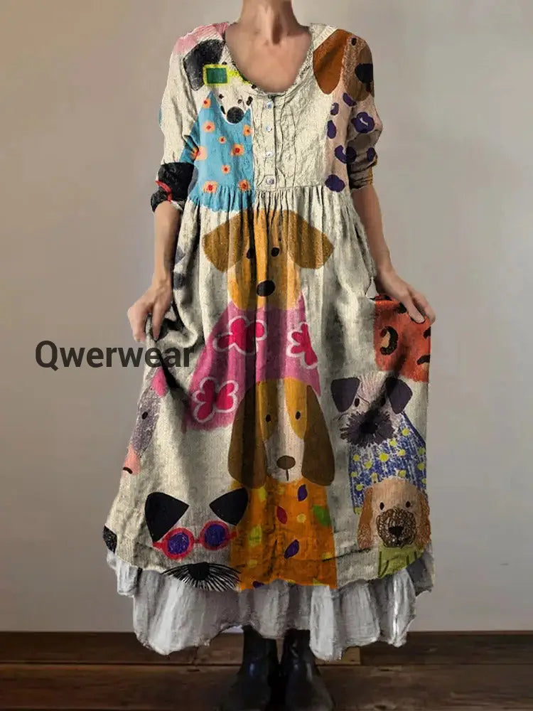 Vintage V-neck Bohemian Animal Print Elegant Chic Loose Midi Dress A / S