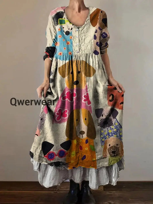 Vintage V-neck Bohemian Animal Print Elegant Chic Loose Midi Dress A / S