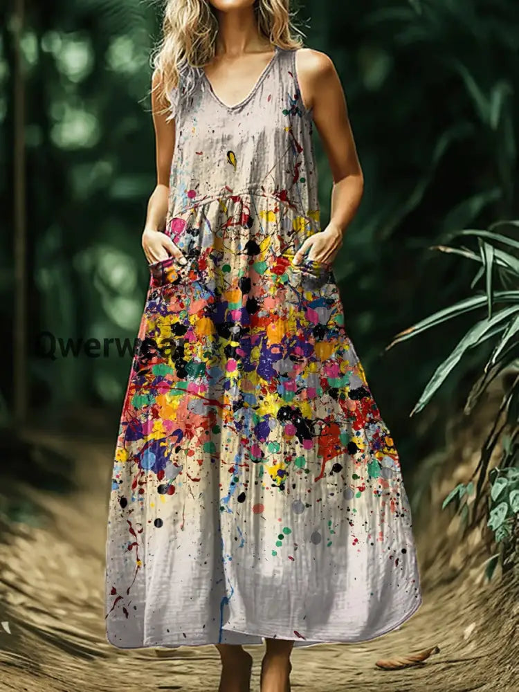 Vintage V-neck Bohemian Art Print Elegant Chic Loose Midi Dress A / S