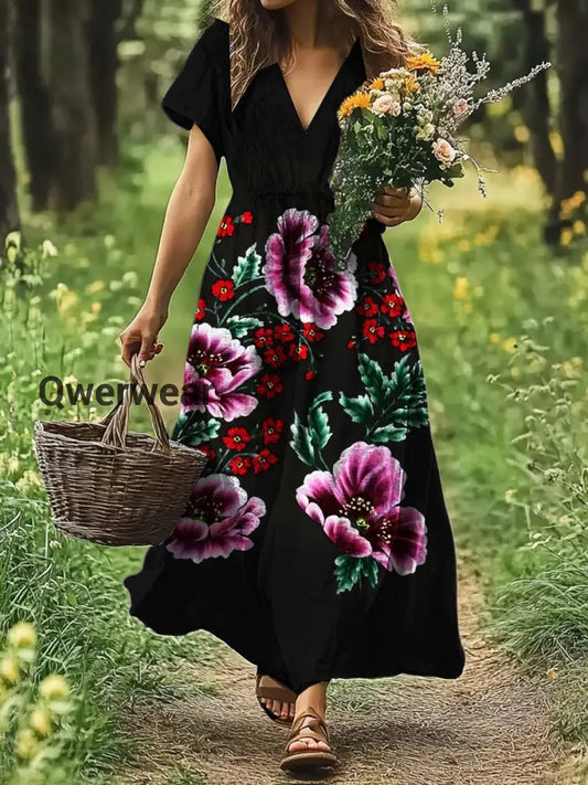 Vintage V-neck Bohemian Floral Print Elegant Chic Loose Midi Dress A / S