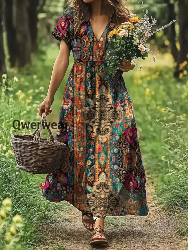 Vintage V-neck Bohemian Floral Print Elegant Chic Loose Dress-DR-F-24 A / S