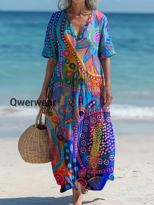 Vintage V-neck Bohemian Floral Print Elegant Chic Loose Midi Dress A / S