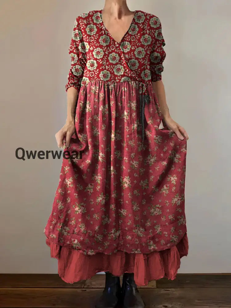 Vintage V-neck Bohemian Floral Print Elegant Chic Loose Midi Dress A / S