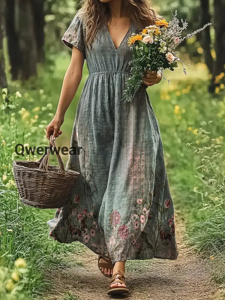 Vintage V-neck Bohemian Floral Print Elegant Chic Loose Midi Dress A / S