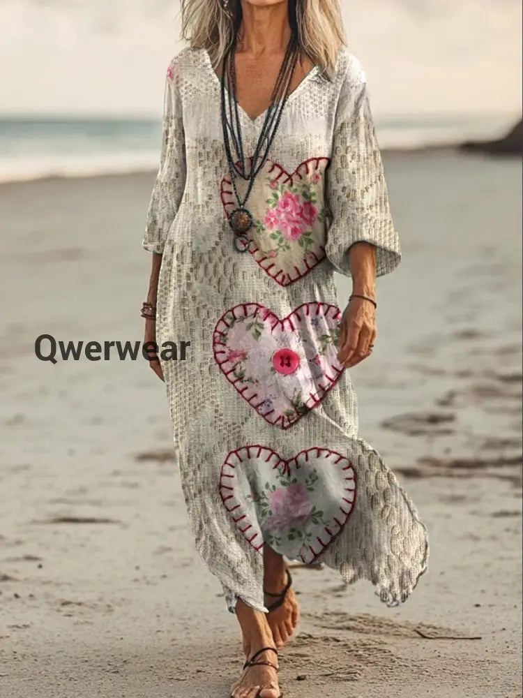 Vintage V-neck Bohemian Floral Print Elegant Chic Loose Midi Dress A / S