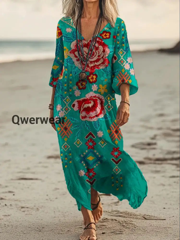 Vintage V-neck Bohemian Floral Print Elegant Chic Loose Midi Dress A / S