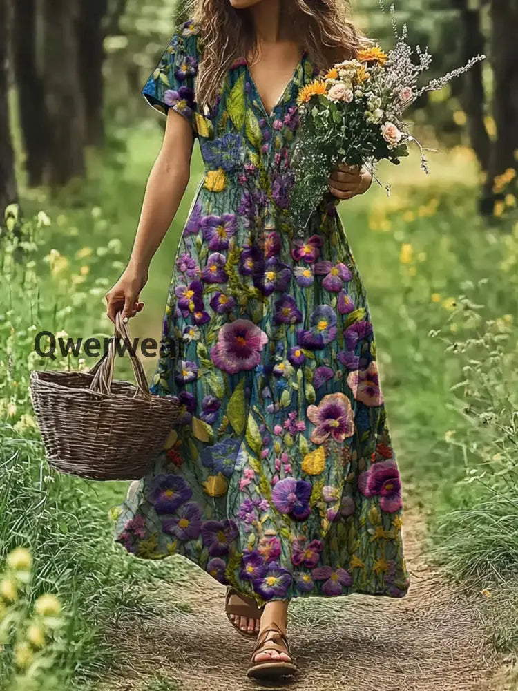 Vintage V-neck Bohemian Floral Print Elegant Chic Loose Midi Dress A / S