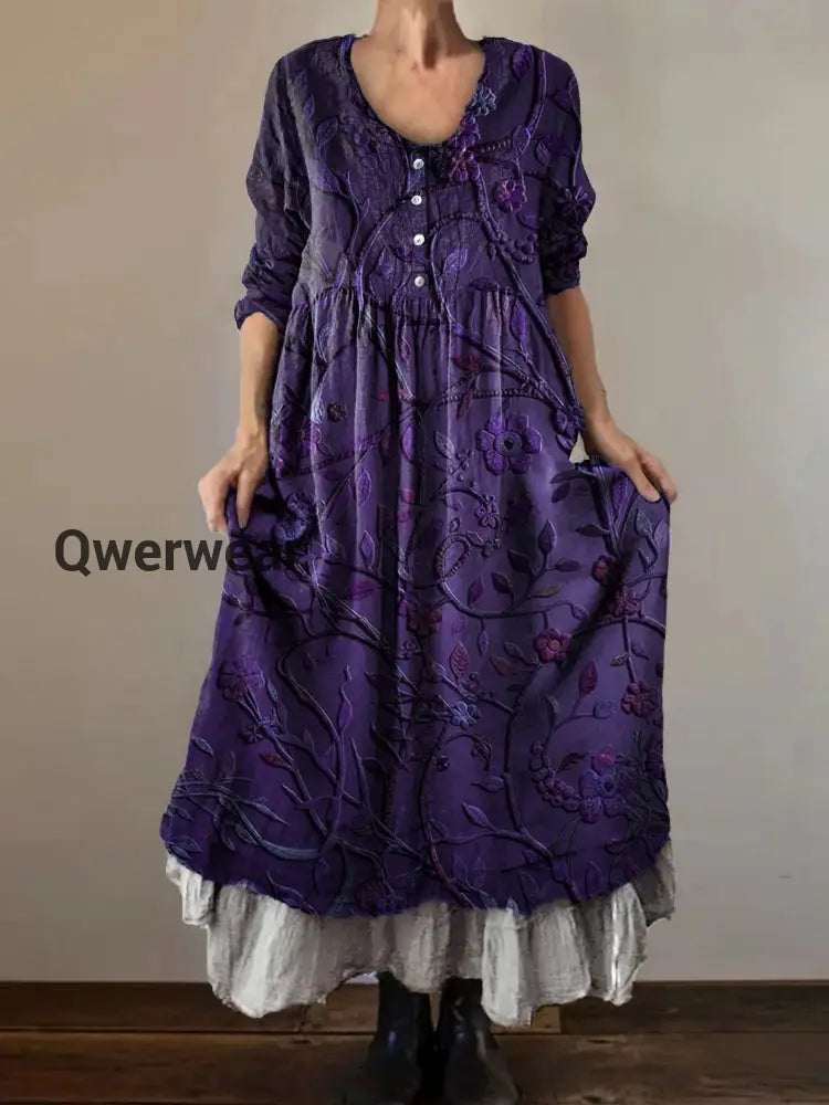 Vintage V-neck Bohemian Floral Print Elegant Chic Loose Midi Dress A / S