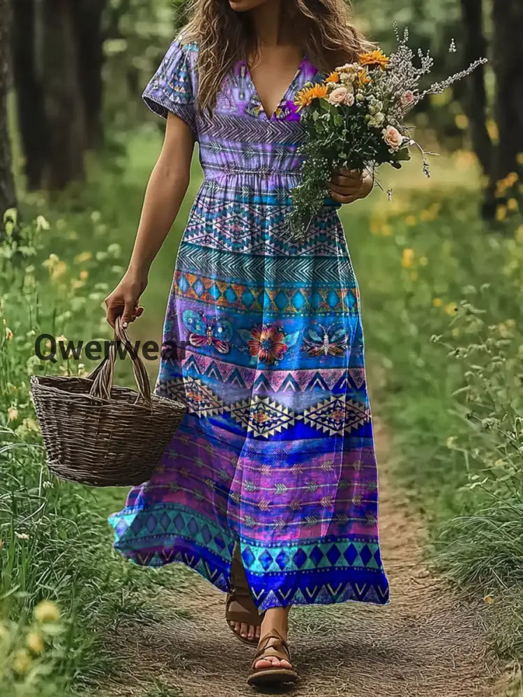 Vintage V-neck Bohemian Floral Print Elegant Chic Loose Midi Dress A / S