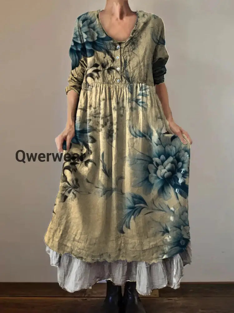 Vintage V-neck Bohemian Floral Print Elegant Chic Loose Midi Dress A / S