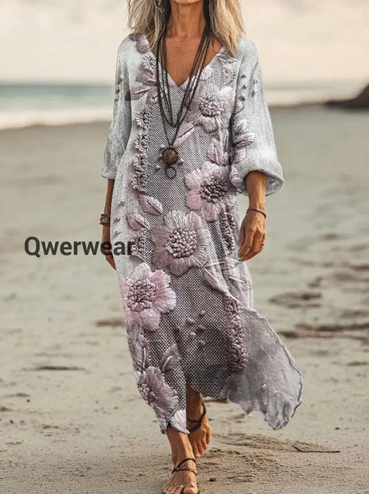 Vintage V-neck Bohemian Floral Print Elegant Chic Loose Midi Dress A / S