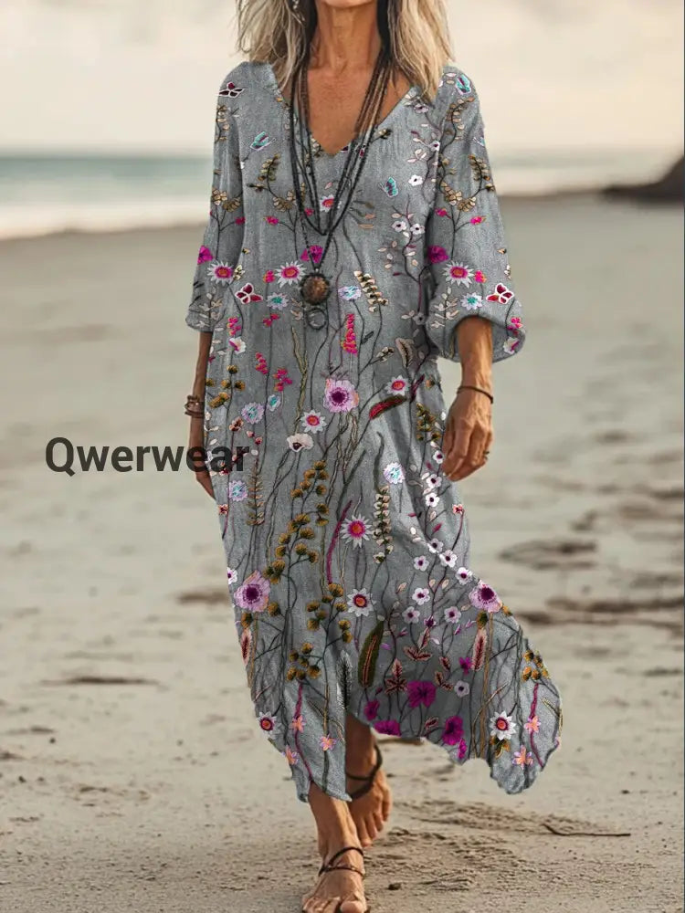 Vintage V-neck Bohemian Floral Print Elegant Chic Loose Midi Dress A / S