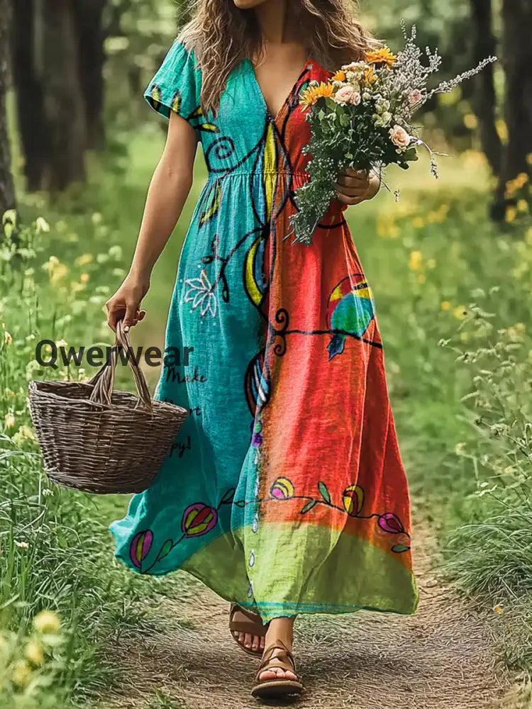 Vintage V-neck Bohemian Floral Print Elegant Chic Loose Midi Dress A / S