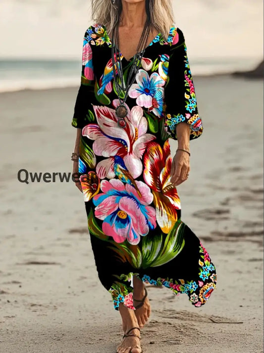 Vintage V-neck Bohemian Floral Print Elegant Chic Loose Midi Dress A / S