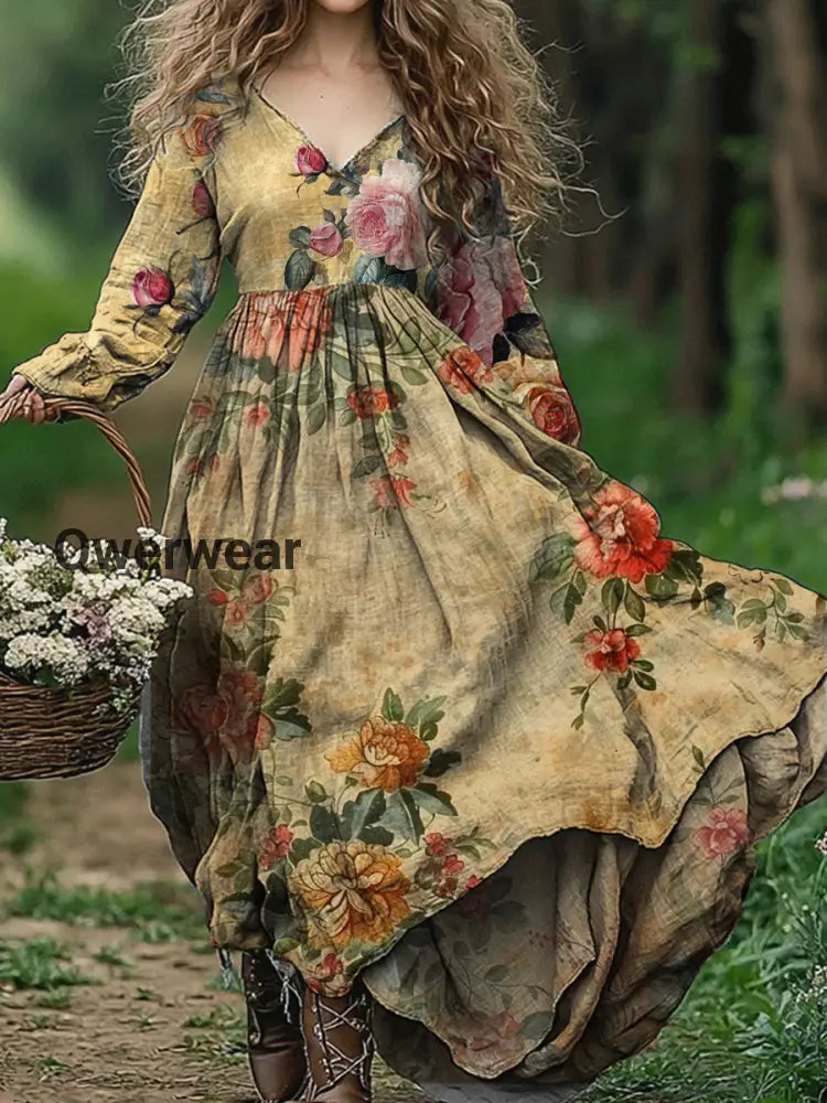 Vintage V-neck Bohemian Floral Print Elegant Chic Loose Midi Dress A / S