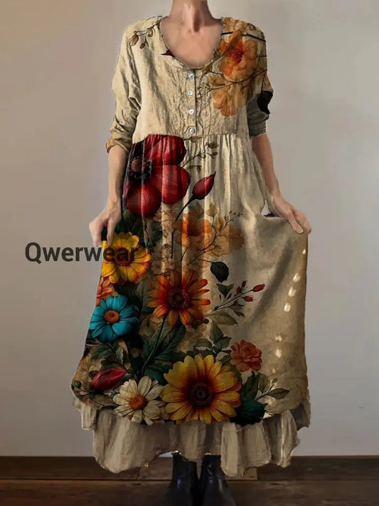 Vintage V-neck Bohemian Floral Print Elegant Chic Loose Midi Dress A / S