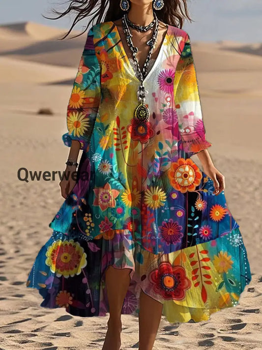 Vintage V-neck Bohemian Floral Print Elegant Chic Loose Midi Dress A / S