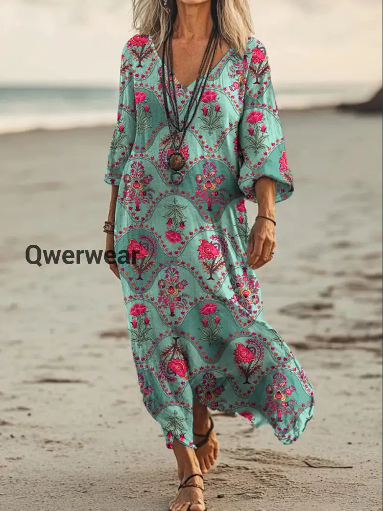 Vintage V-neck Bohemian Floral Print Elegant Chic Loose Midi Dress A / S