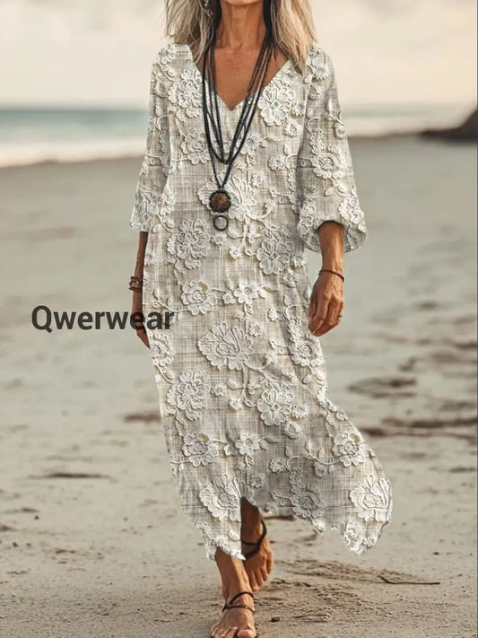 Vintage V-neck Bohemian Floral Print Elegant Chic Loose Midi Dress A / S