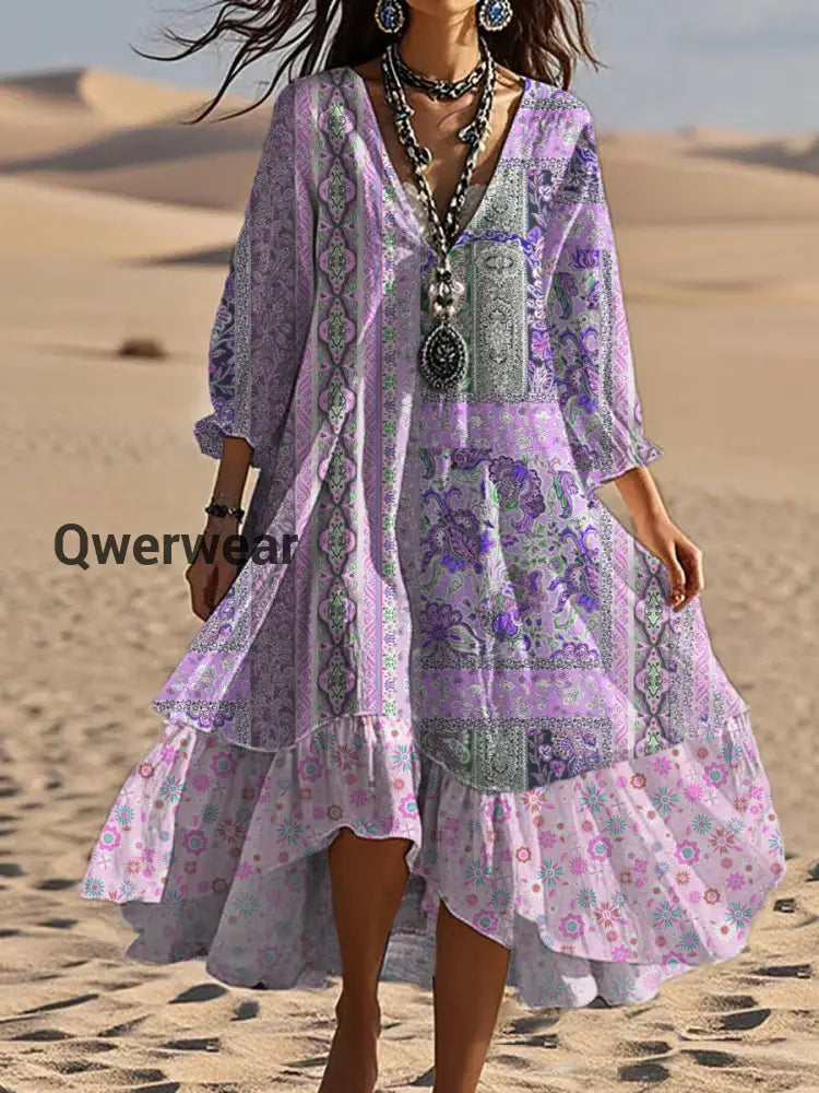 Vintage V-neck Bohemian Floral Print Elegant Chic Loose Midi Dress A / S