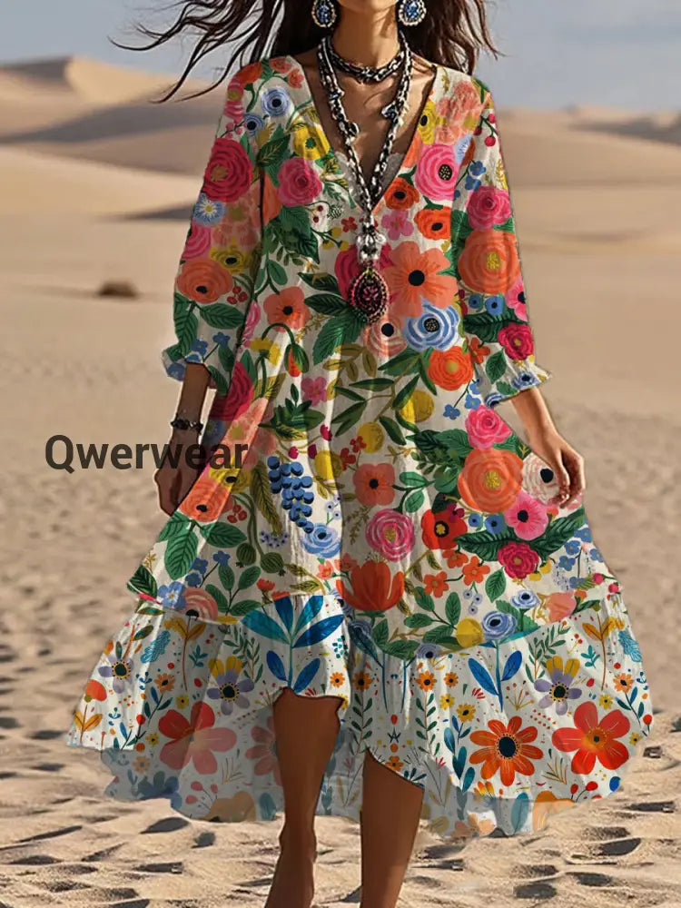 Vintage V-neck Bohemian Floral Print Elegant Chic Loose Midi Dress A / S