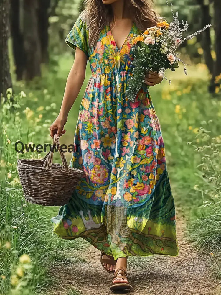 Vintage V-neck Bohemian Floral Print Elegant Chic Loose Midi Dress A / S