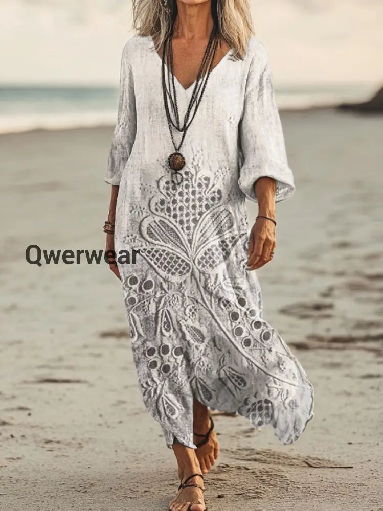 Vintage V-neck Bohemian Floral Print Elegant Chic Loose Midi Dress A / S