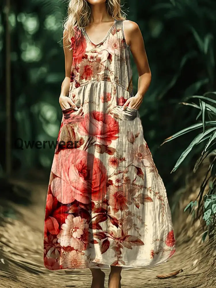 Vintage V-neck Bohemian Floral Print Elegant Chic Loose Midi Dress A / S