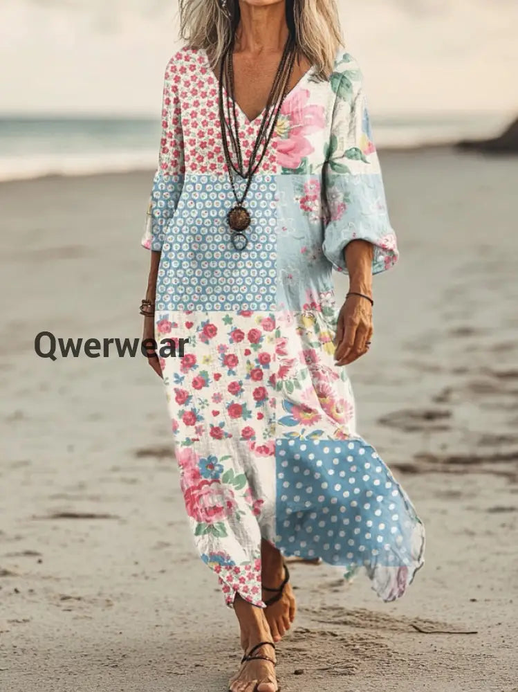 Vintage V-neck Bohemian Floral Print Elegant Chic Loose Midi Dress A / S