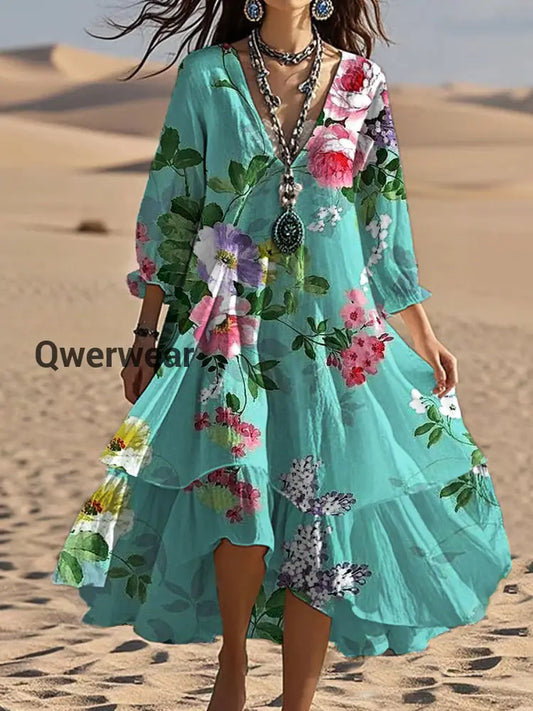 Vintage V-neck Bohemian Floral Print Elegant Chic Loose Midi Dress A / S