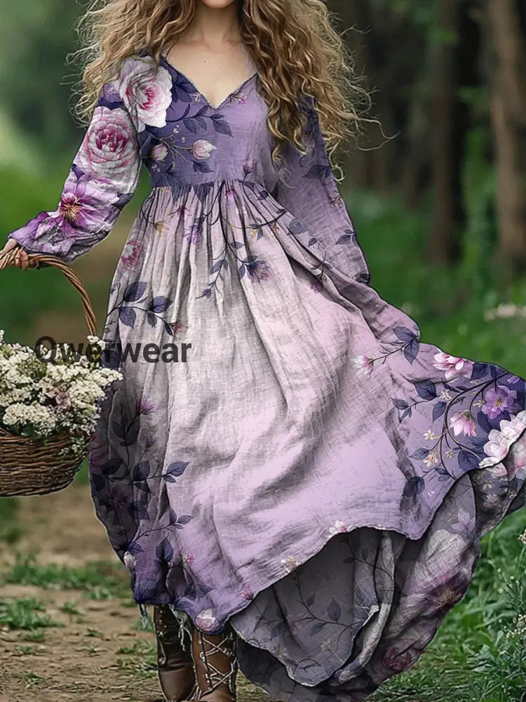 Vintage V-neck Bohemian Floral Print Elegant Chic Loose Midi Dress A / S