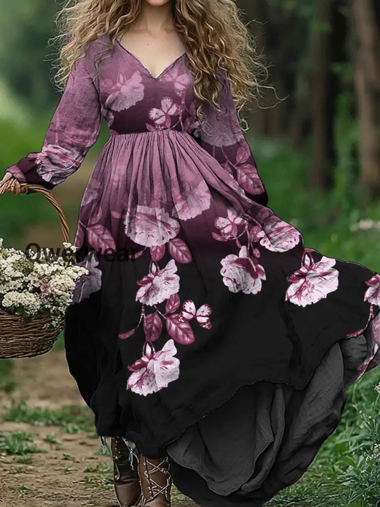 Vintage V-neck Bohemian Floral Print Elegant Chic Loose Midi Dress A / S