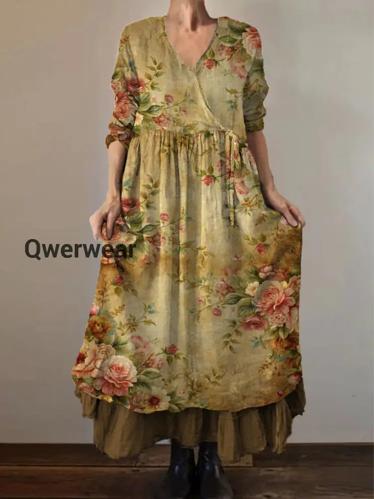 Vintage V- Neck Bohemian Floral Print Elegant Chic Loose Midi Dress-DR-D-58 A / S
