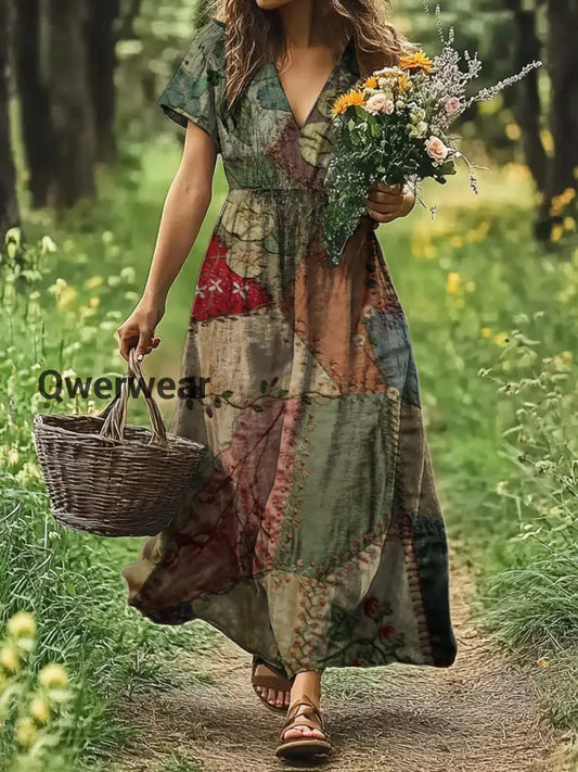 Vintage V-neck Bohemian Floral Print Elegant Chic Loose Midi Dress-DR-F-289 A / S