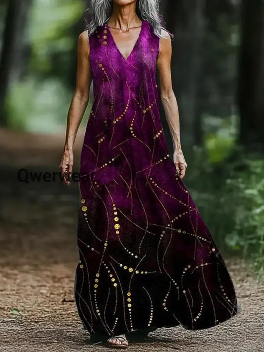 Vintage V-neck Bohemian Floral Print Elegant Chic Loose Midi Dress-DR-F-415 A / S