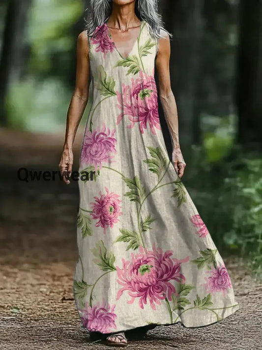 Vintage V-neck Bohemian Floral Print Elegant Chic Loose Midi Dress-DR-F-424 A / S