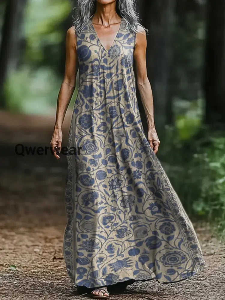 Vintage V-neck Bohemian Floral Print Elegant Chic Loose Midi Dress-DR-F-52 A / S