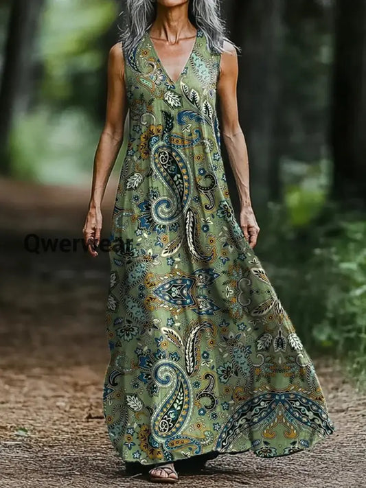 Vintage V-neck Bohemian Floral Print Elegant Chic Loose Midi Dress-DR-F-53 A / S